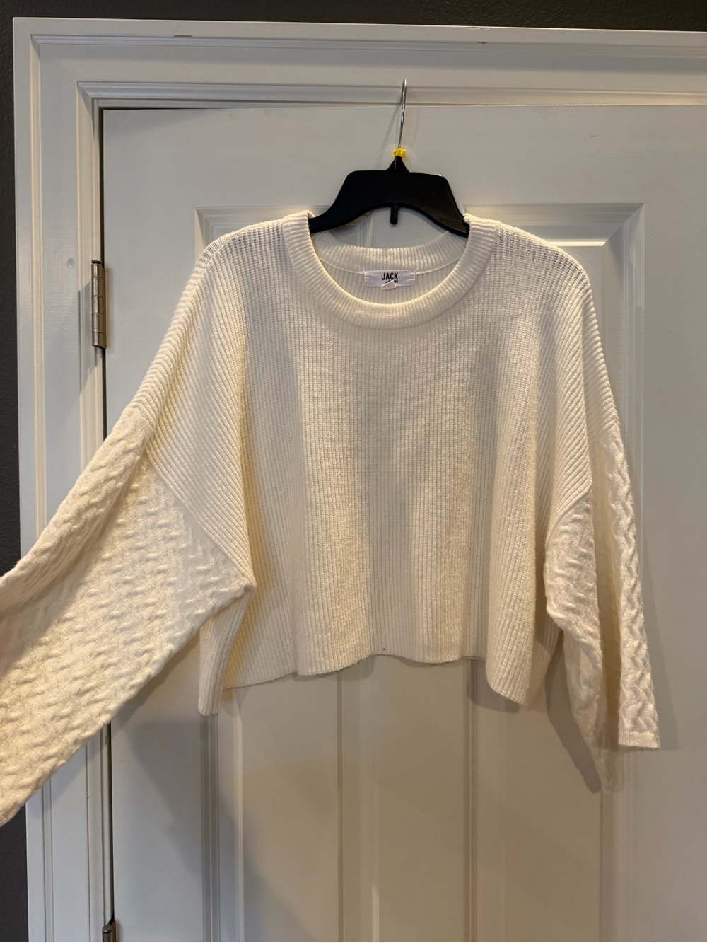 BB Dakota Cream Ribbed Crewneck Sweater with Cable Sleeves